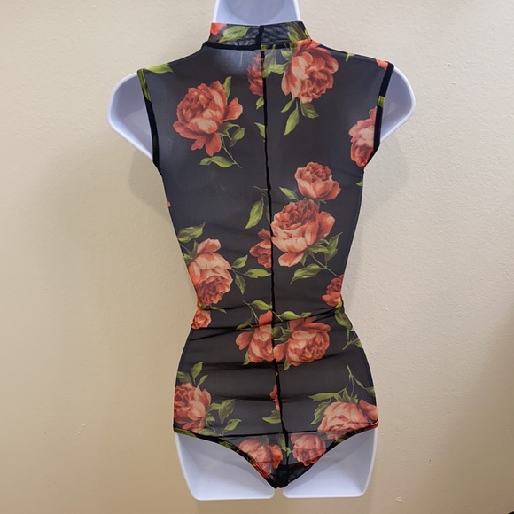 Black Red Floral Sleeveless Mesh Bodysuit L - Picture 5 of 5
